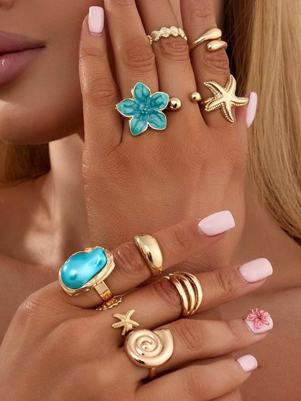 New Anthropologie Gold-Plated Stackable Rings with Turquoise Floral & Sea Motifs